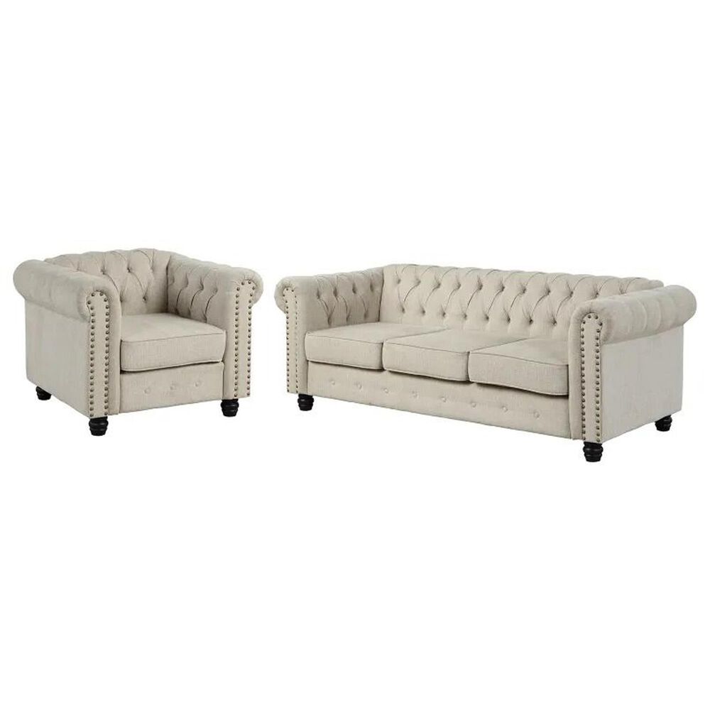 Morden Fort Chesterfield 2-Piece Stationary Linen Chair and Sofa Set in Beige, , large
