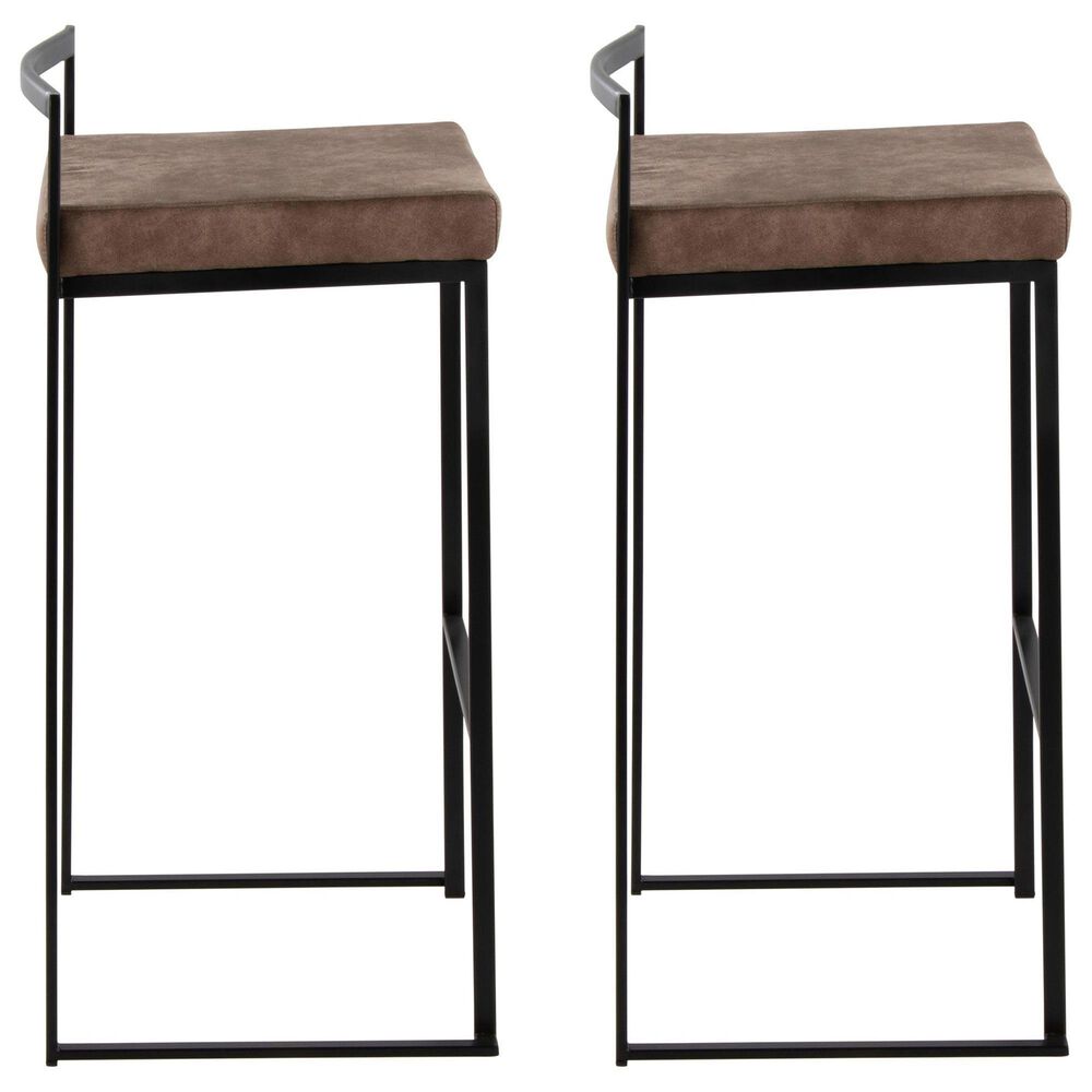 LumiSource Fuji 34" Stacker Bar Stool with Brown Cowboy Upholstery in Black (Set of 2), , large