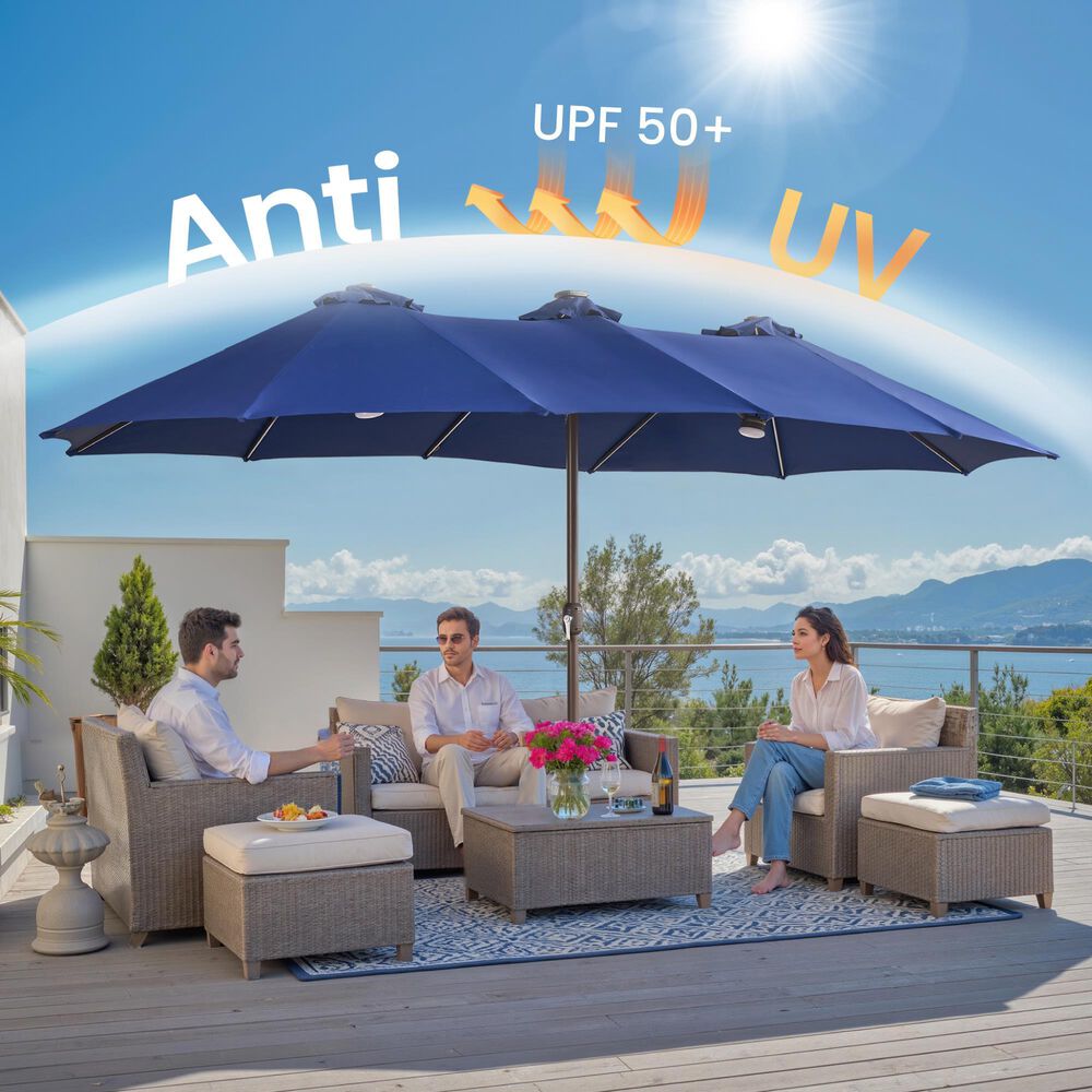 HOMLUX 15' Double-Sided Outdoor Market Umbrella with Sandbag Base and RGB LED Lights in Royal Blue, , large