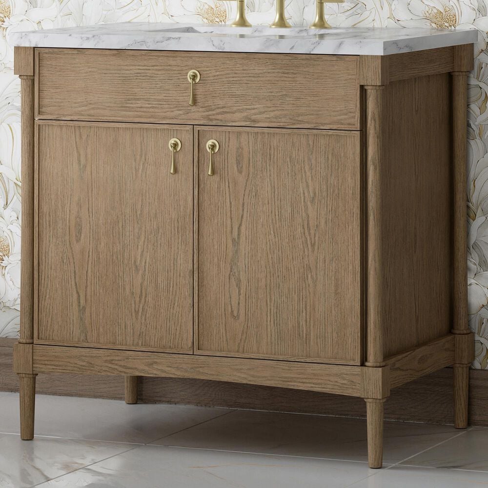 James Martin Kinnsden 36" Single Bathroom Vanity in Weathered Oak with 3 cm Carrara Marble Top and Rectangular Sink, , large