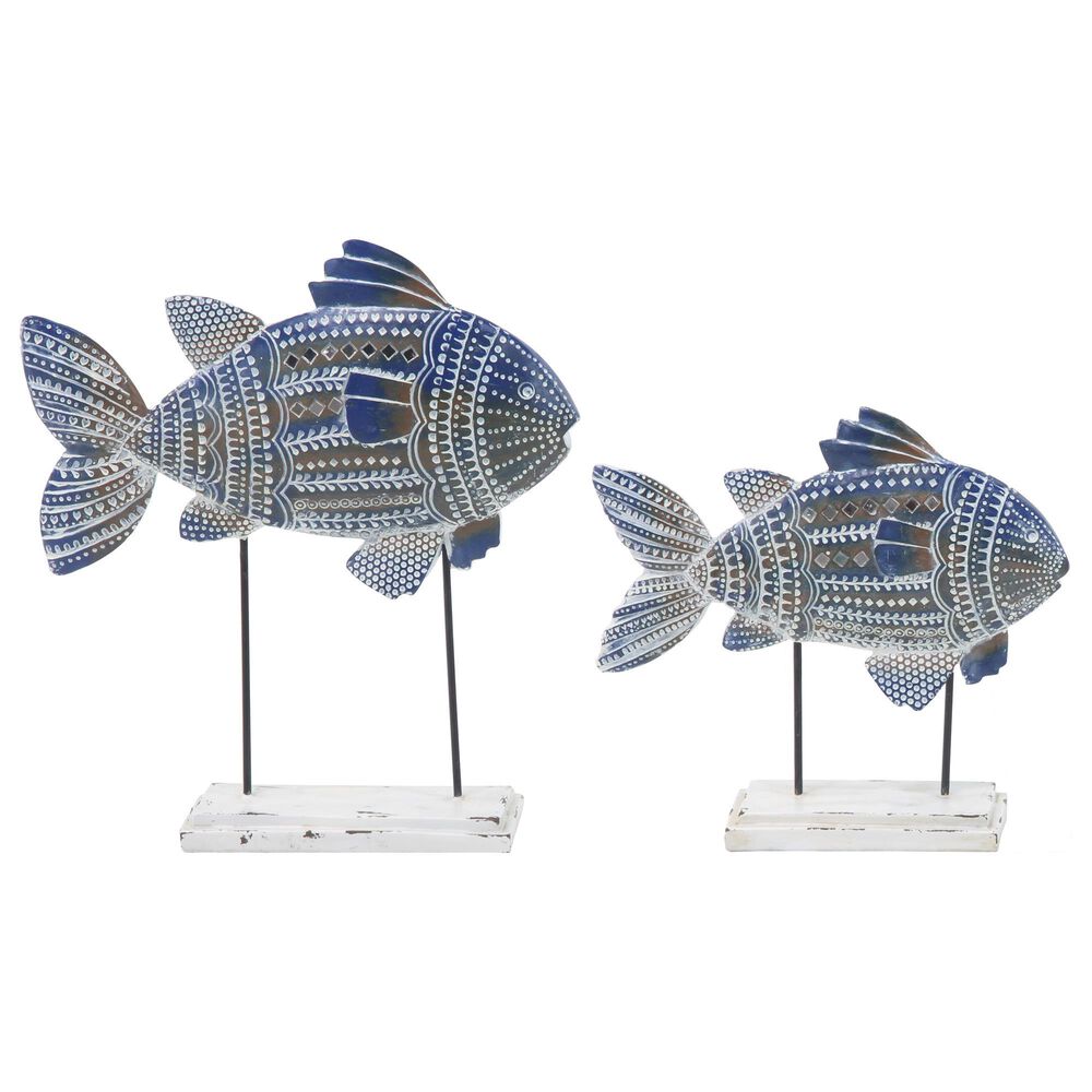 Maple and Jade Assorted Fish Sculptures with Stand in Blue (Set of 2), , large
