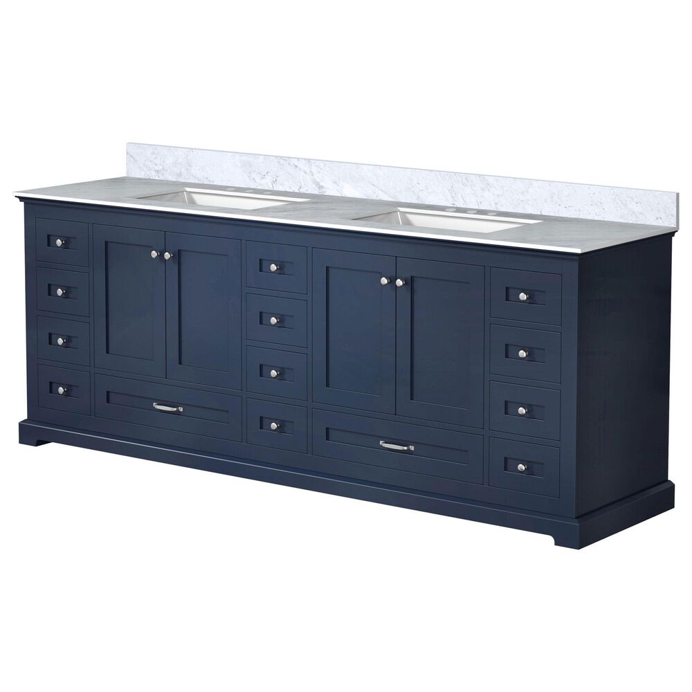 Lexora Home Dukes 84" Double Bathroom Vanity in Navy Blue with 2 cm White Carrara Marble Top and Rectangular Sinks, , large
