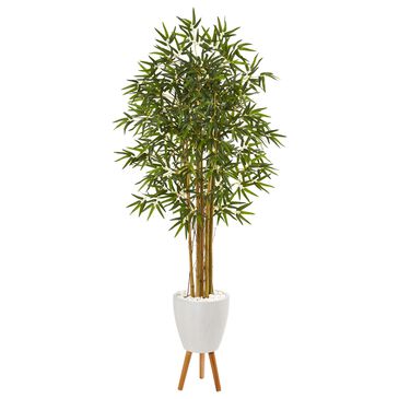 Nearly Natural Inc 74" Multi Bambusa Bamboo Artificial Tree in White Planter with Stand, , large