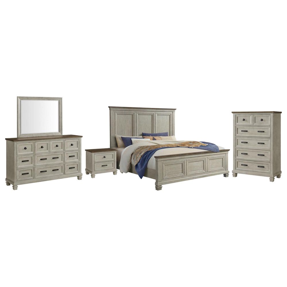 Mayberry Hill Farmington 5-Piece King Panel Bedroom Set in Medium Brown and Washed Stone, , large