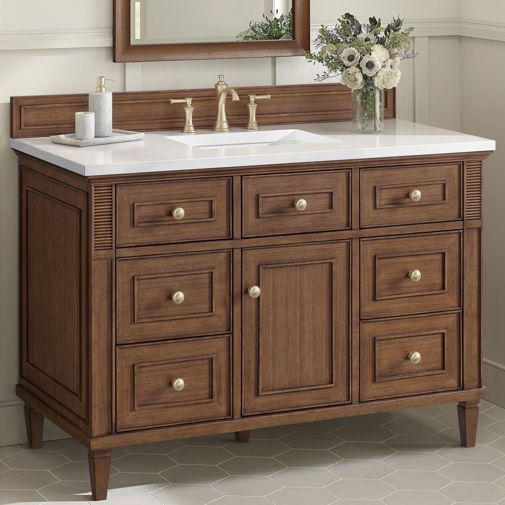 James Martin Vanities Lorelai 48" Single Vanity in Mid-Century Walnut with 3 cm White Zeus Quartz Top, , large