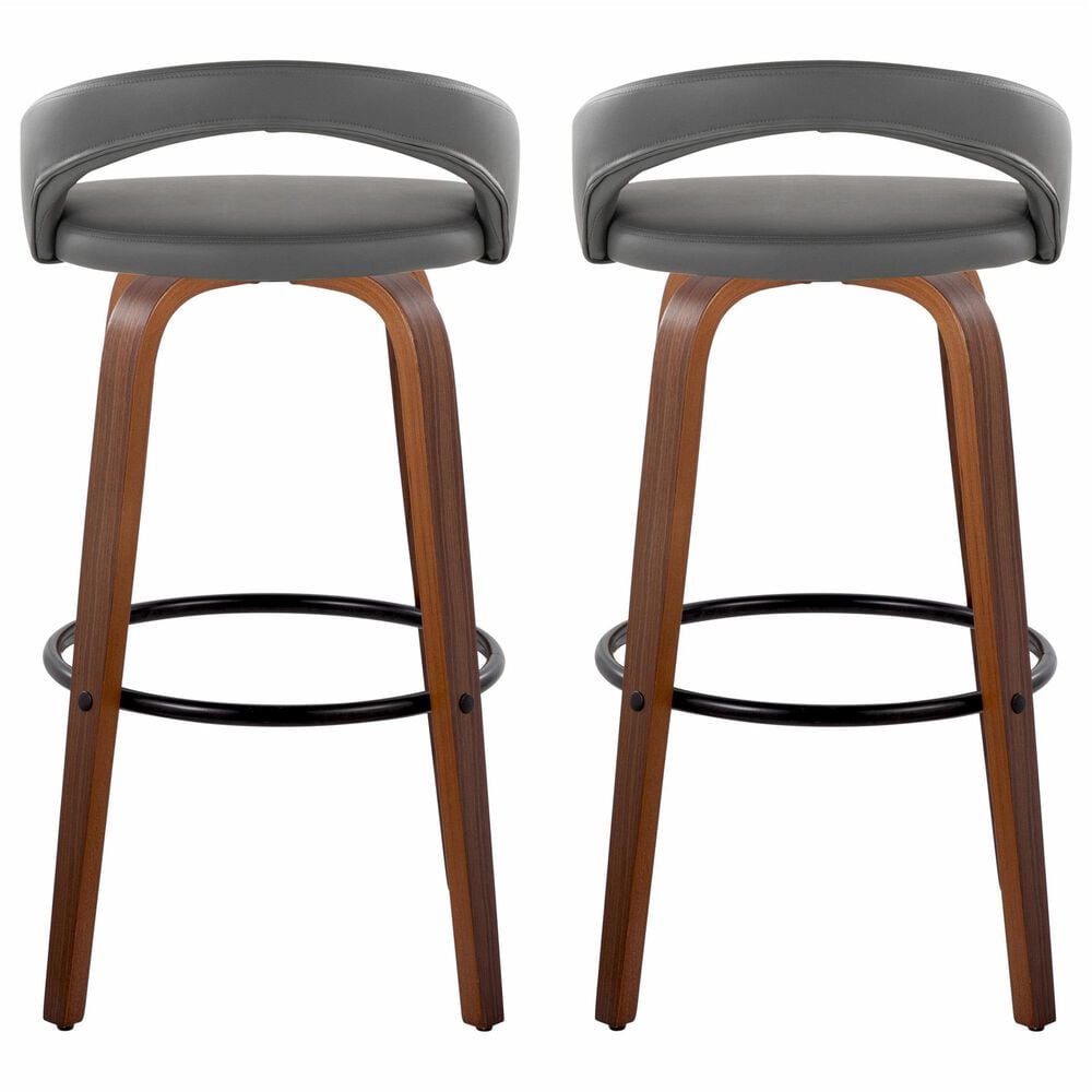 LumiSource Grotto Swivel Bar Stool with Grey Faux Leather Upholstery in Walnut Wood and Black (Set of 2), , large