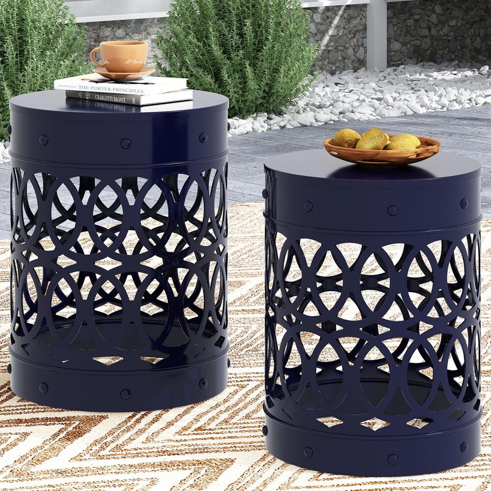 Hearth and Haven Cylindrical-Shaped Iron Patio End Table in Navy Blue &#40;Set of 2&#41;, , large