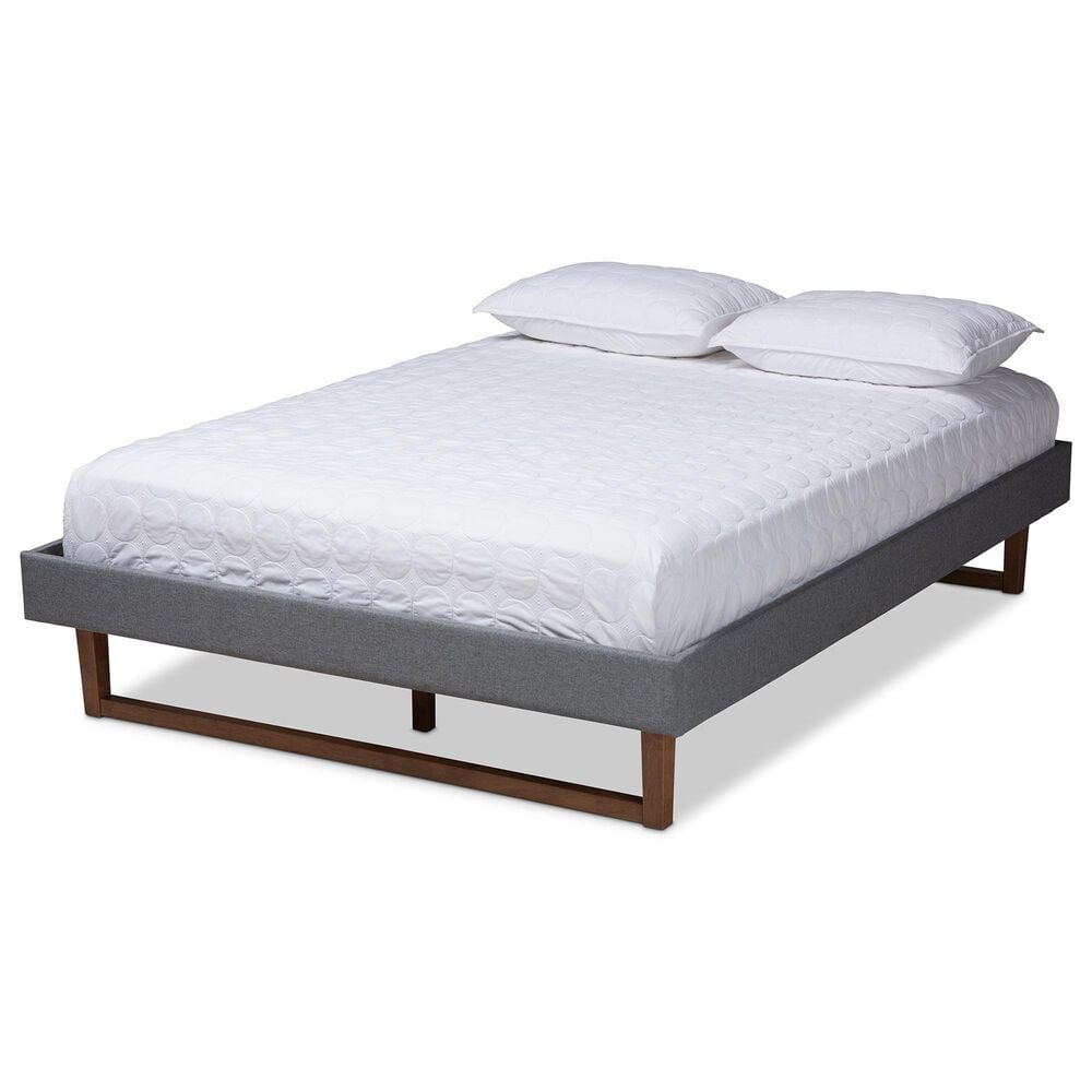 Baxton Studio Liliya Full Platform Bed Frame with Dark Grey Upholstered in Walnut Brown, , large