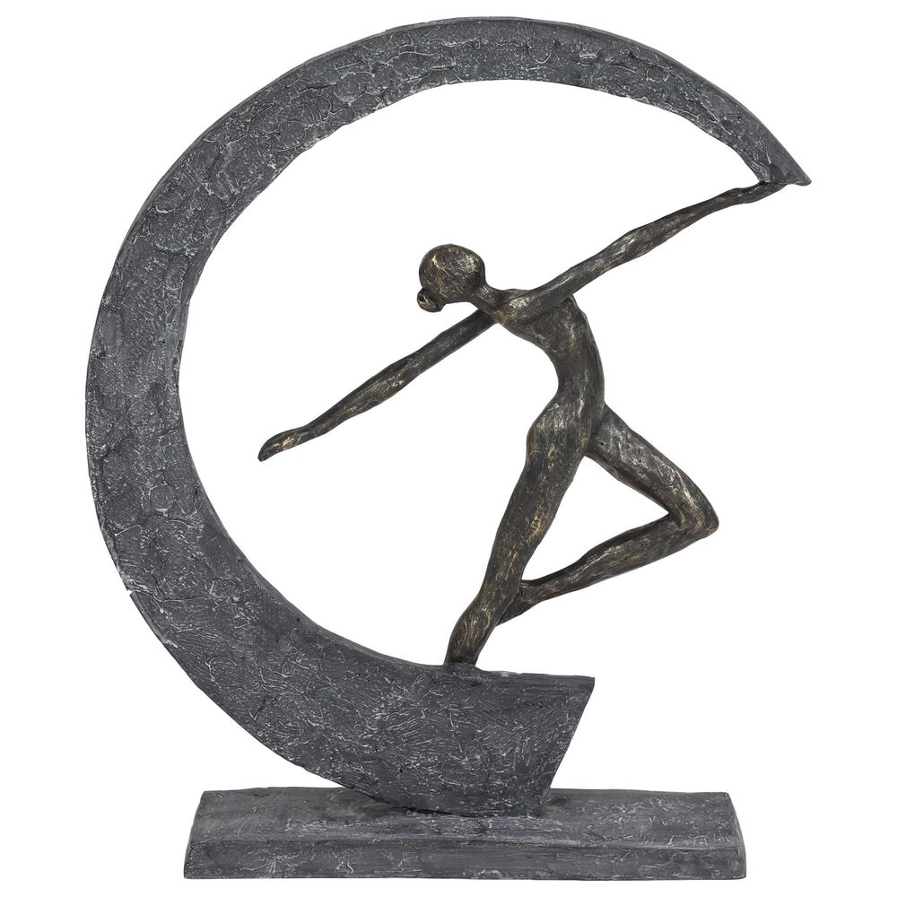 Maple and Jade 15&quot; x 12&quot; Resin Dancer and Crescent Moon Shaped Sculpture in Dark Gray and Gold, , large