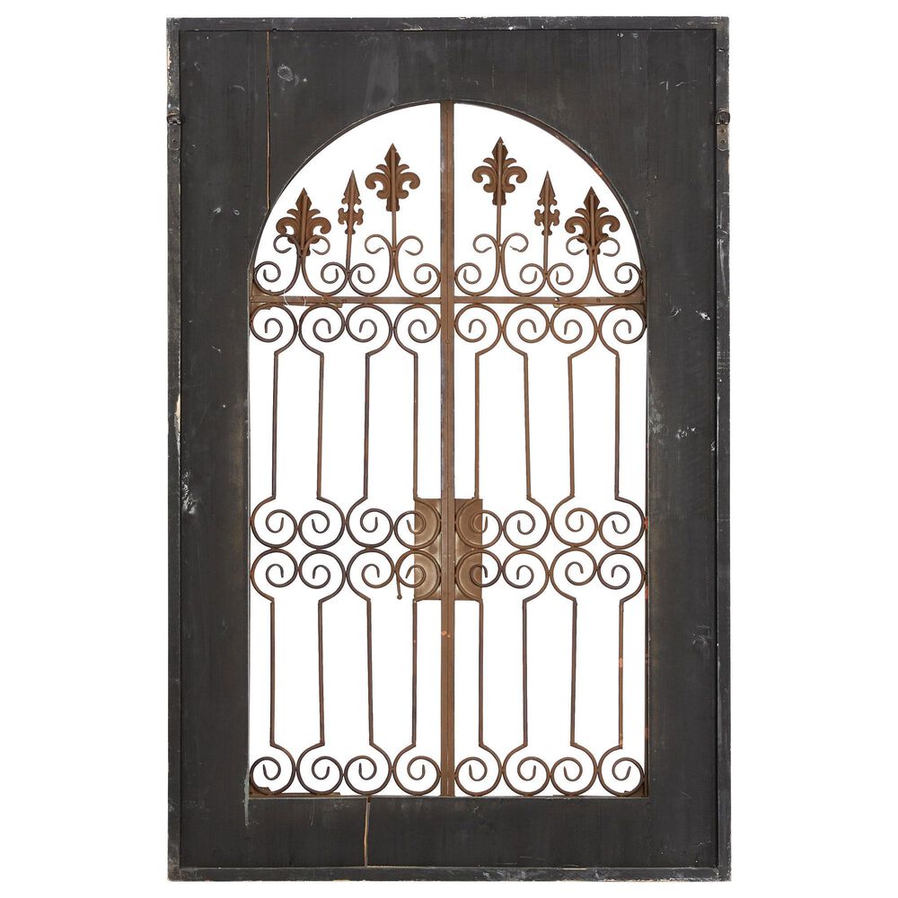 Maple and Jade 33&quot; x 50&quot; Arched Windowpane Fleur De Lis Home Wall Decor with Rust Metal Scrolled Gate in Distressed Blue and Bronze, , large
