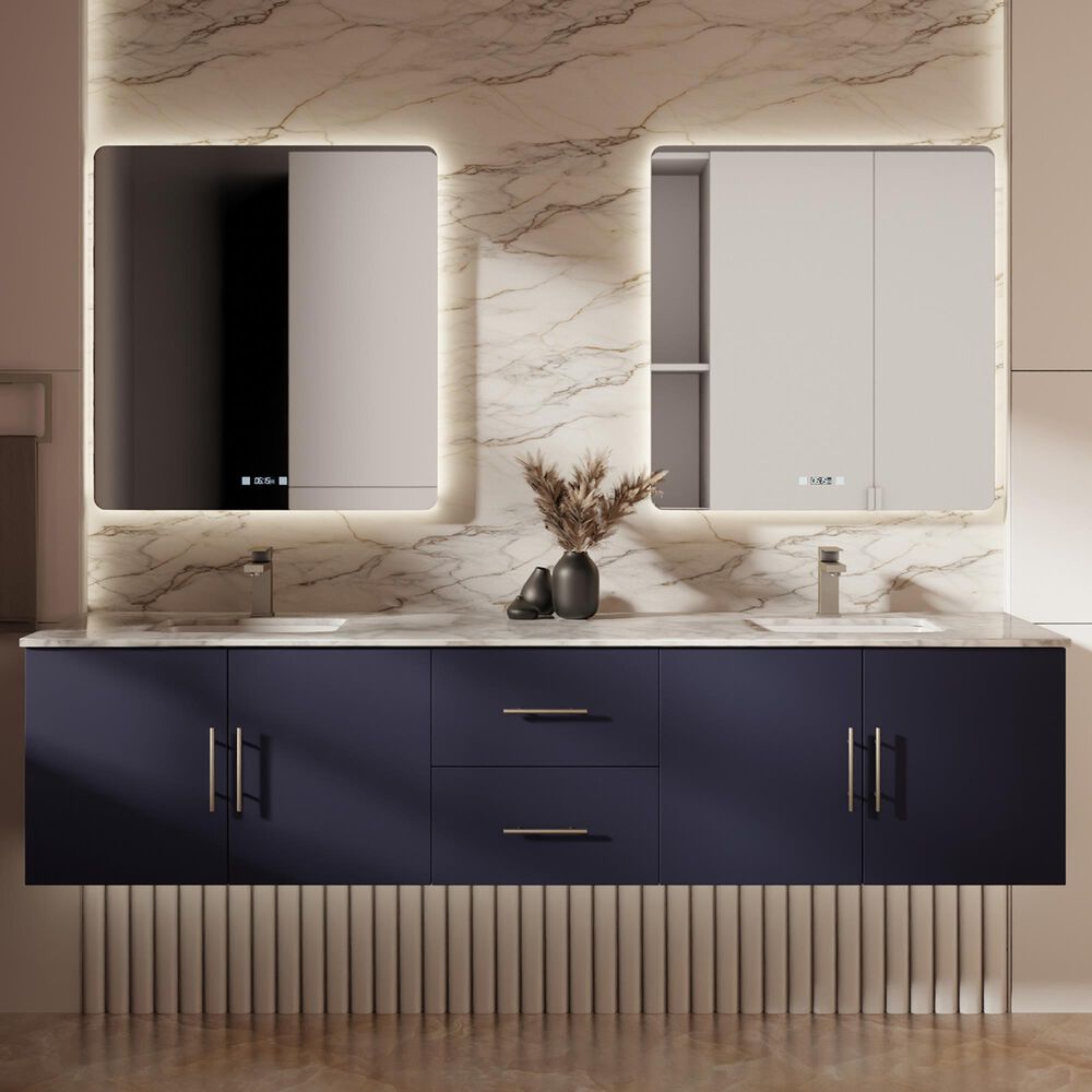 Lexora Home Geneva 80" Double Bathroom Vanity in Navy Blue with 2 cm White Carrara Marble Top and Rectangular Sinks, , large