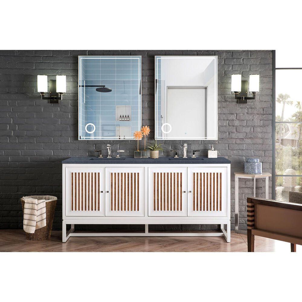 James Martin Vanities Athens 72&quot; Double Bathroom Vanity in Glossy White with 3 cm Charcoal Soapstone Quartz Top and Rectangular Sinks, , large