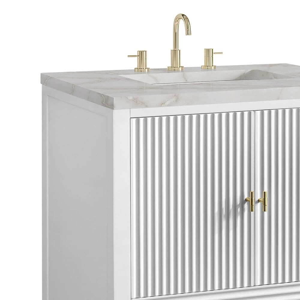 James Martin Myrrin 30" Single Bathroom Vanity in Bright White with 3 cm Victorian Silver Silestone Top and Rectangular Sink, , large