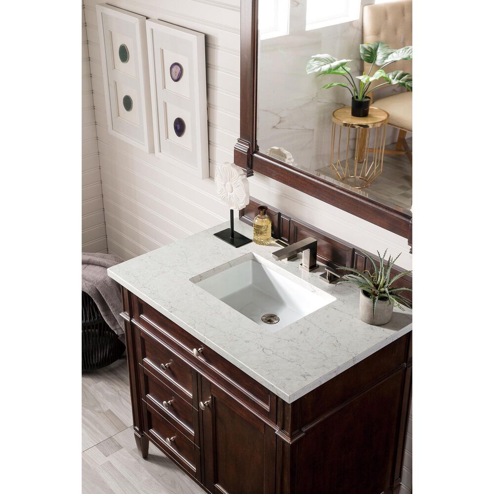 James Martin Vanities Brittany 36&quot; Single Bathroom Vanity in Burnished Mahogany with 3 cm Eternal Jasmine Pearl Quartz Top and Rectangle Sink, , large