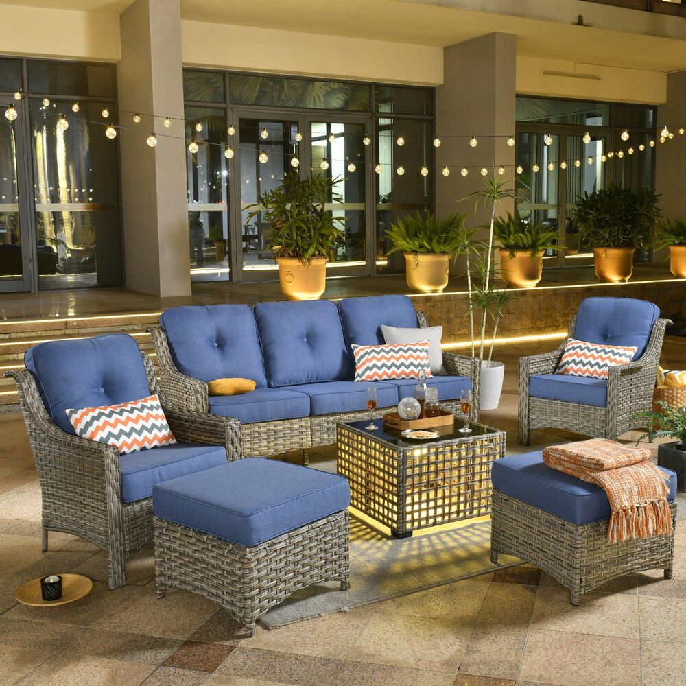 HOMLUX 6-Piece Patio Conversation Set with Coffee Table in Denim Blue, , large