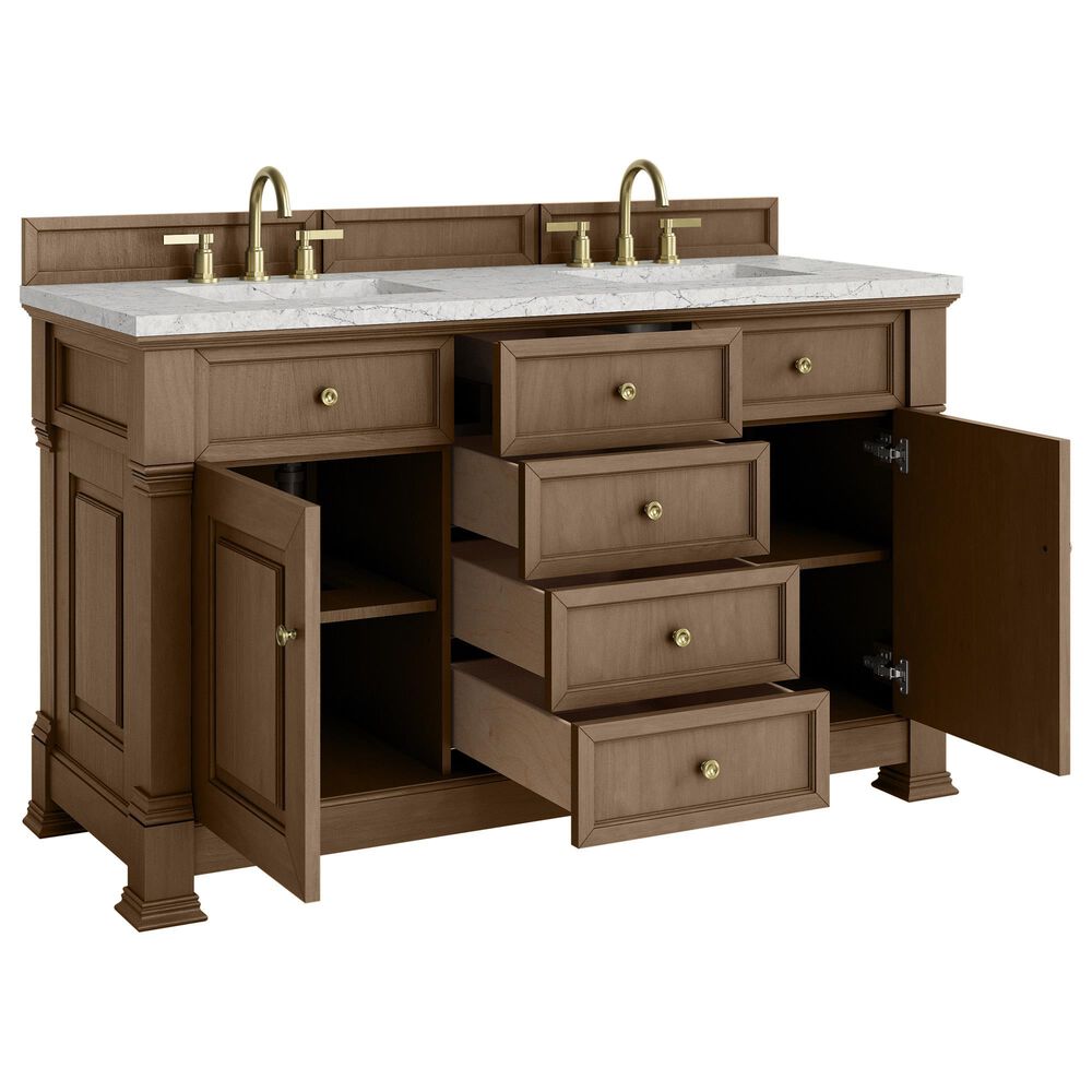 James Martin Vanities Brookfield 60" Double Bathroom Vanity in Pecan with 3 cm Eternal Jasmine Pearl Quartz Top and Rectangular Sinks, , large