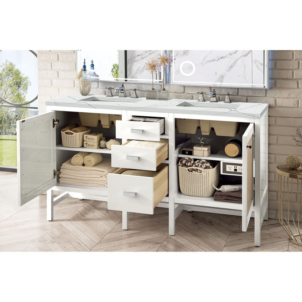 James Martin Vanities Addison 60&quot; Double Bathroom Vanity in Glossy White with 3 cm Ethereal Noctis Quartz Top and Rectangular Sinks, , large