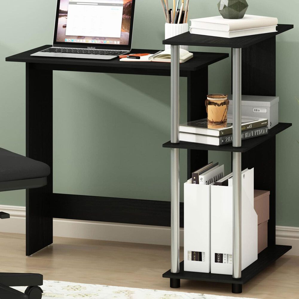 HOMLUX L-Shaped Computer Desk with Open Display Shelves in Americano and Stainless Steel, , large