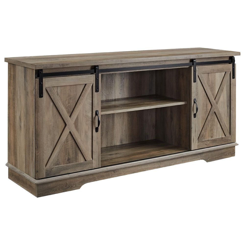 Walker Edison 58&quot; Sliding Barn Door TV Stand in Grey Wash, , large