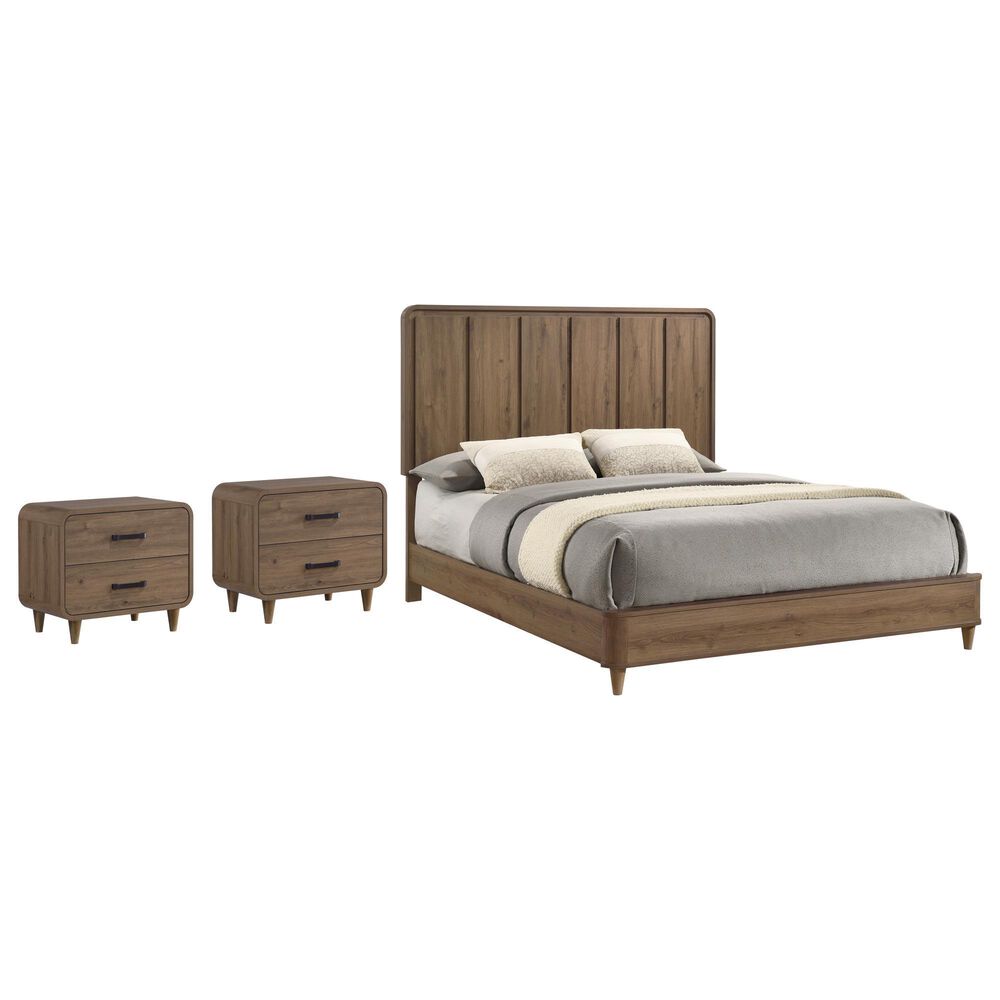Crown Mark Nyomi King Panel Bed with Two Nightstands in Light Brown, , large