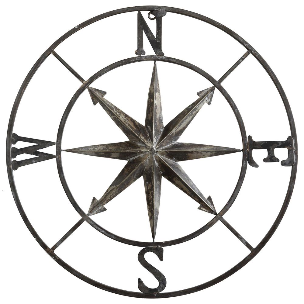 Creative Coop 30" Round Metal Compass Wall Decor in Distressed Silver, , large
