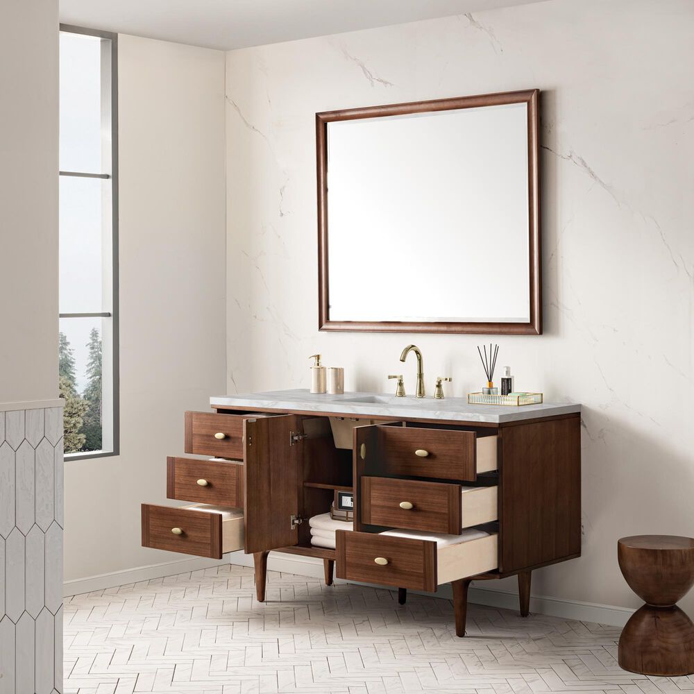 James Martin Vanities Amberly 60" Single Bathroom Vanity in Mid-Century Walnut with 3 cm Eternal Jasmine Pearl Silestone Top, Rectangular Sink and FreePower Wireless Charger, , large