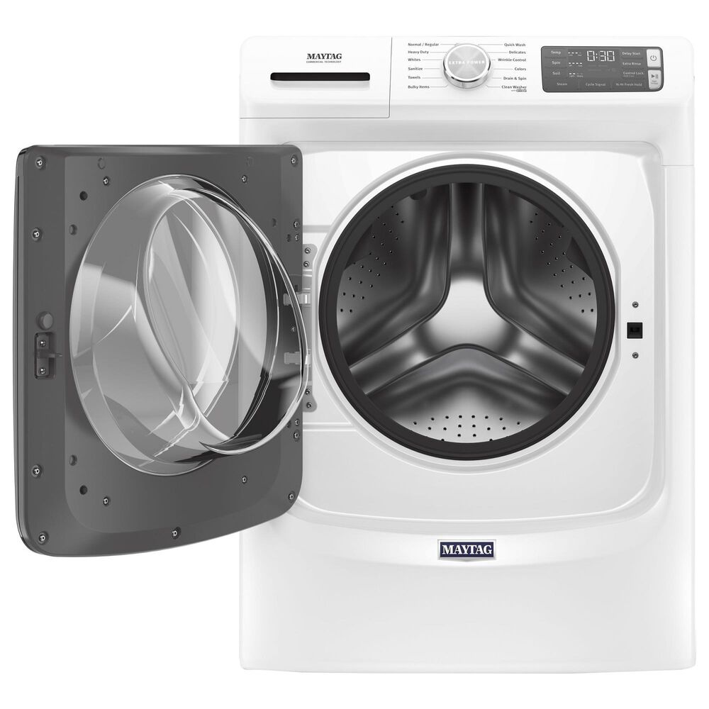 Maytag 4.8 Cu. Ft. Front Load Washer and 7.3 Cu. Ft. Electric Dryer Laundry Pair with Pedestal in White, , large