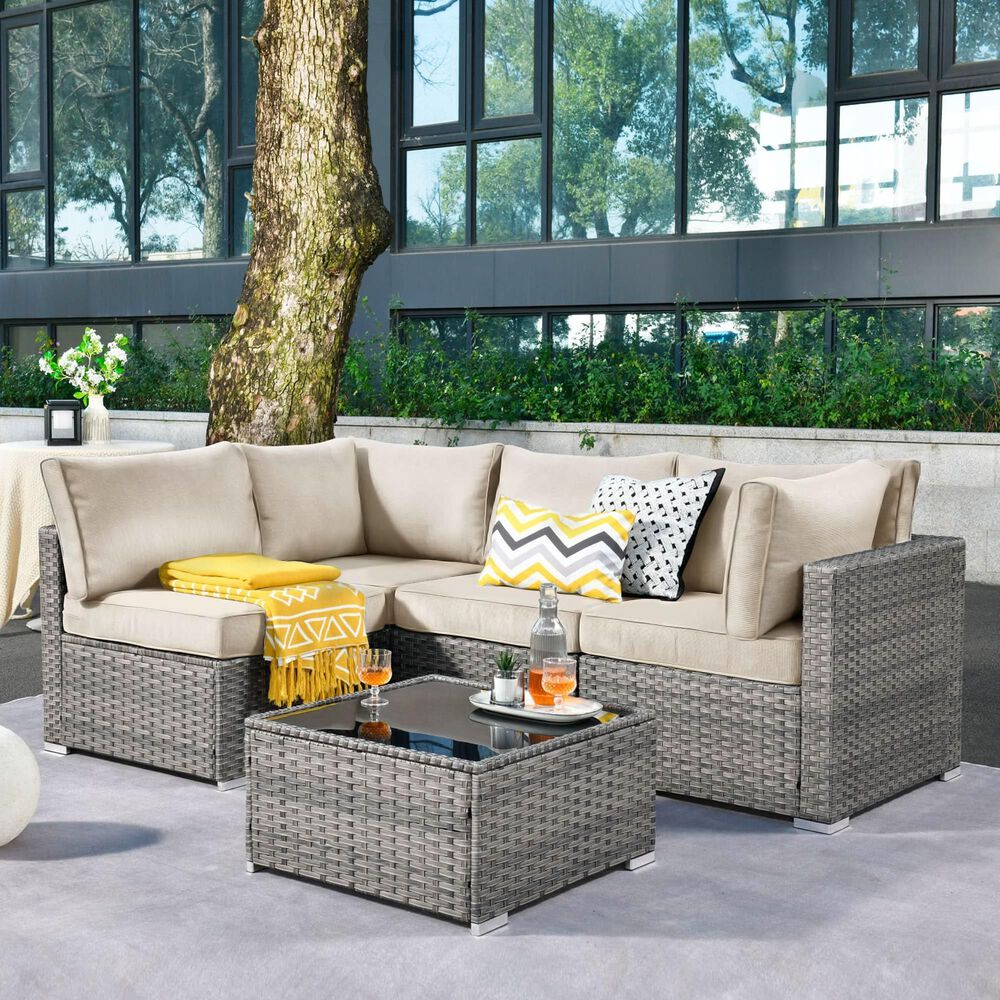 HOMLUX 5-Piece Patio Conversation Set with Grey Wicker in Beige, , large