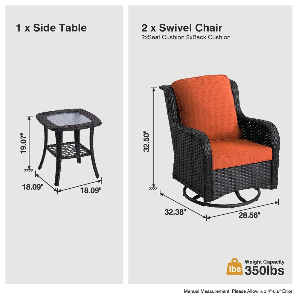 HOMLUX 3-Piece Patio Conversation Set with Swivel Chairs in Orange Red, , large