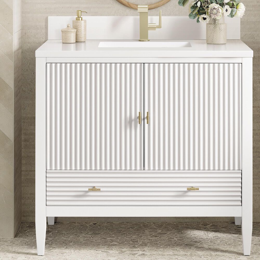James Martin Vanities Myrrin 36&quot; Vanity in Bright White with Single Hole 3 CM White Zeus Quartz Top &amp; Backsplash, , large