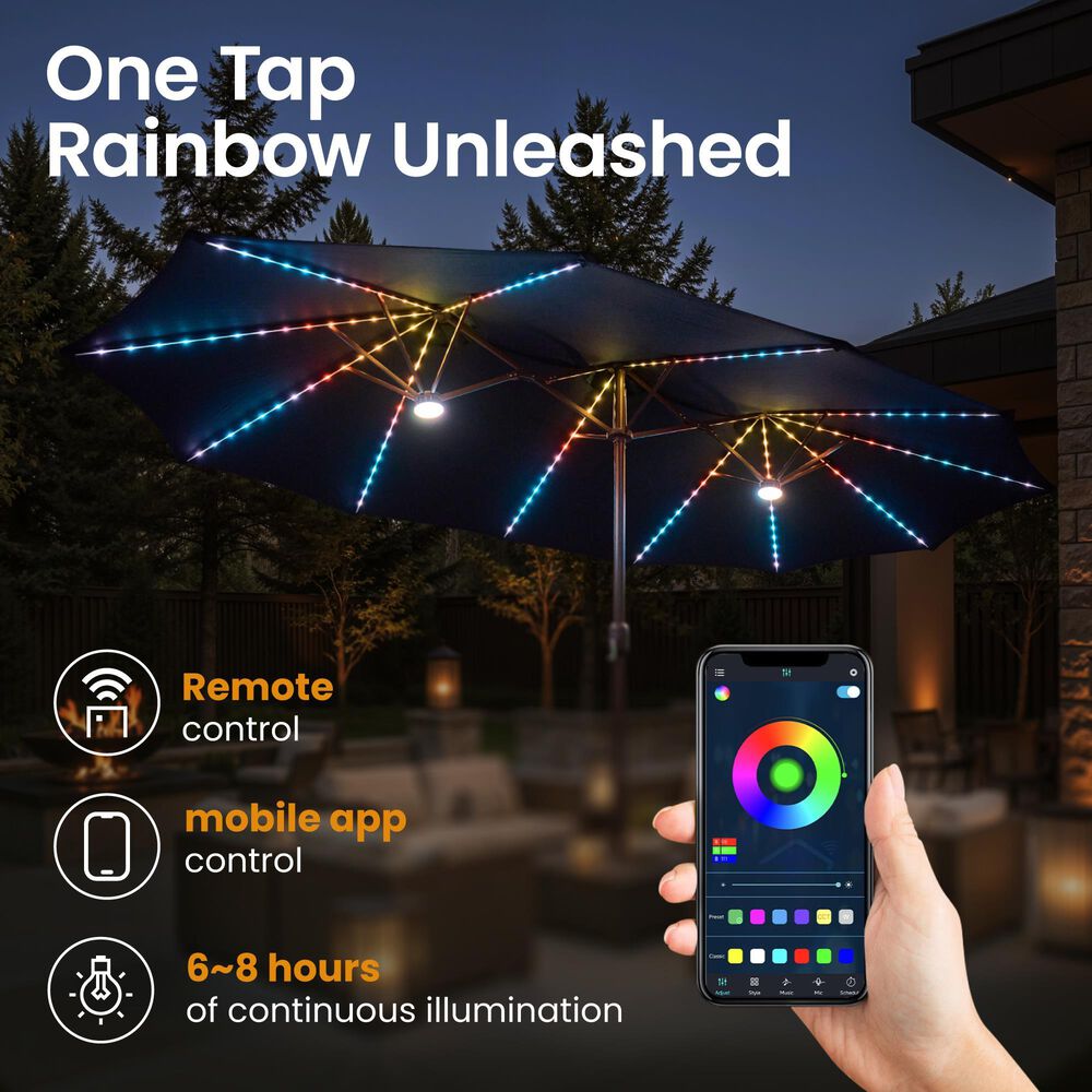 HOMLUX 15' Double-Sided Outdoor Market Umbrella with Sandbag Base and RGB LED Lights in Light Gray, , large