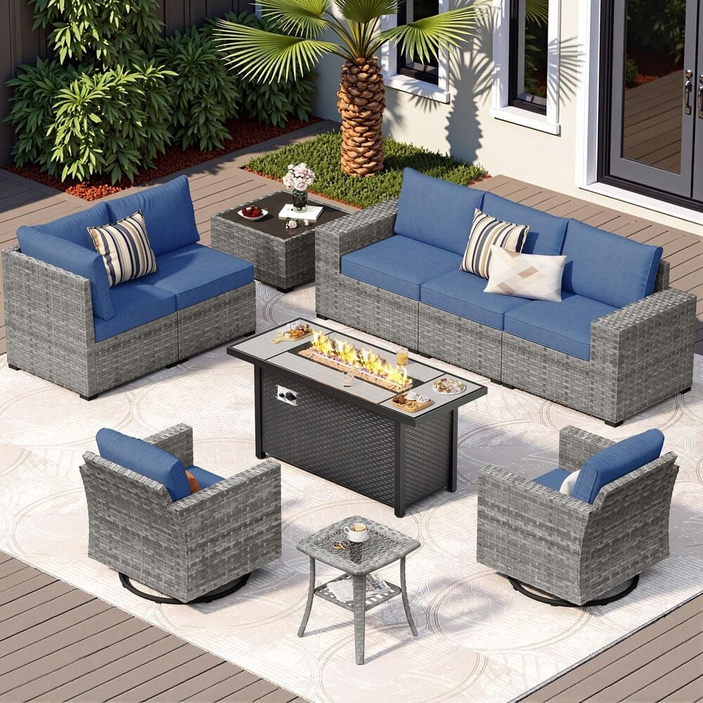 HOMLUX 10-Piece Outdoor Patio Wicker Sectional Furniture Set in Denim Blue, , large