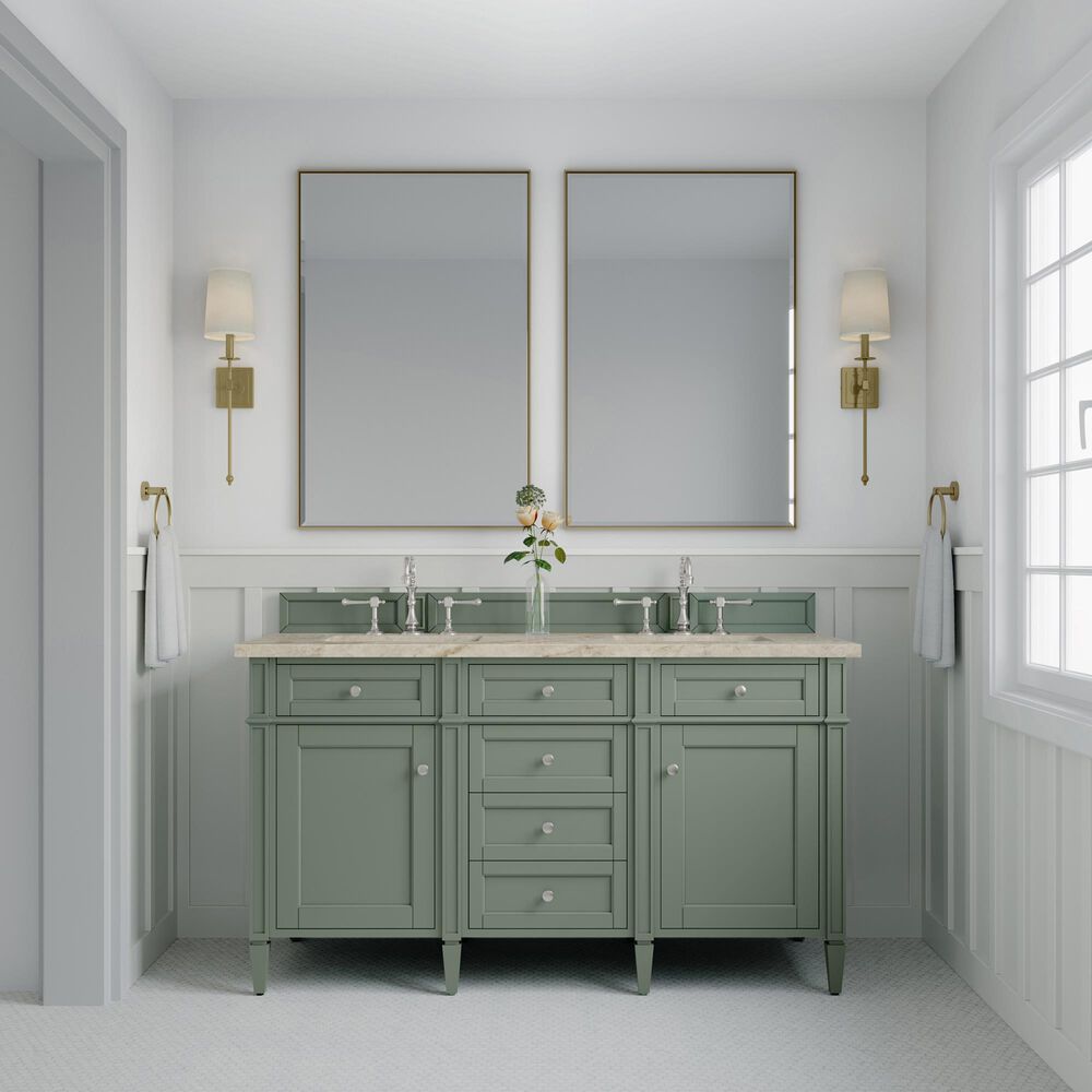 James Martin Brittany 60" Double Bathroom Vanity in Smokey Celadon with 3 cm Tajnar Eclos Top and Rectangular Sinks, , large