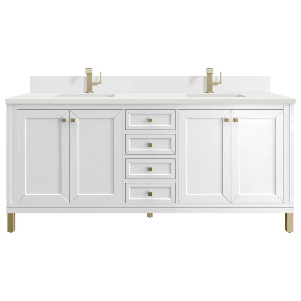 James Martin Vanities Chicago 72" Double Bathroom Vanity in Glossy White with Single Hole 3 cm White Zeus Quartz Top and Rectangular Sinks, , large