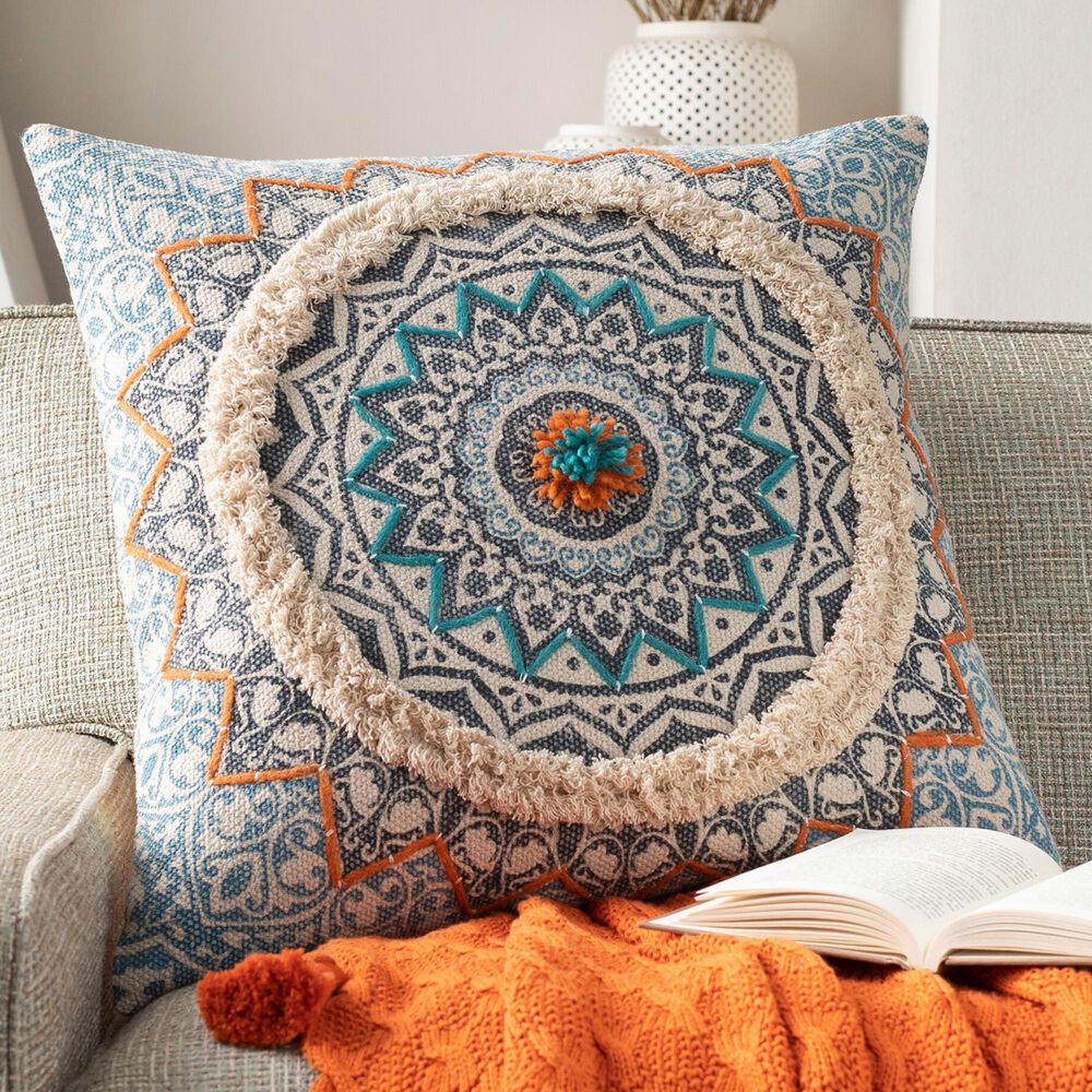 Surya Dayna 20&quot; Square Throw Pillow in Taupe, Blue, Oatmeal, Dark Blue, Burnt Orange and Teal, , large