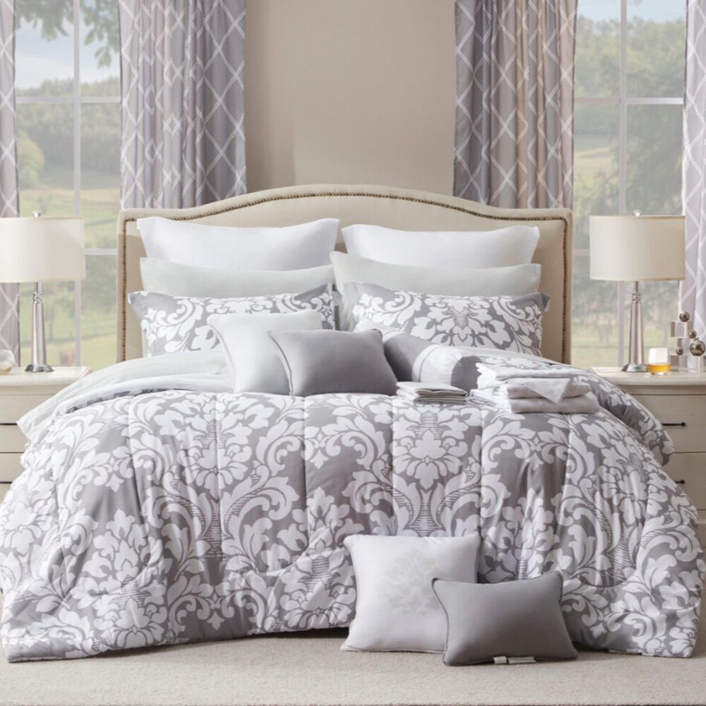 Jiangsu Royal Home Rosalia Damask 24-Piece Queen Bed-in-a-Bag Microfiber Comforter Set in Gray, , large