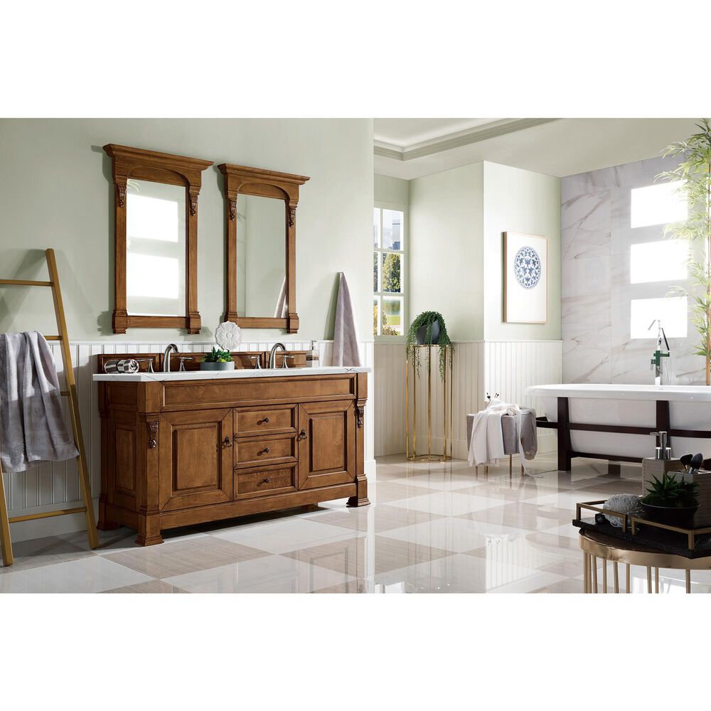 James Martin Vanities Brookfield 60&quot; Double Bathroom Vanity in Country Oak with 3 cm Ethereal Noctis Quartz Top and Rectangle Sink, , large
