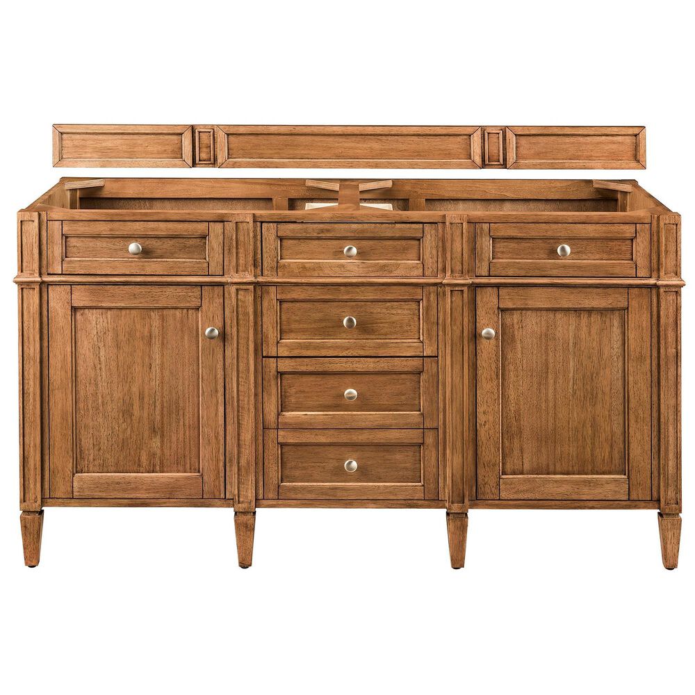 James Martin Vanities Brittany 60&quot; Double Bathroom Vanity in Saddle Brown with 3 cm White Zeus Quartz Top and Rectangular Sinks, , large