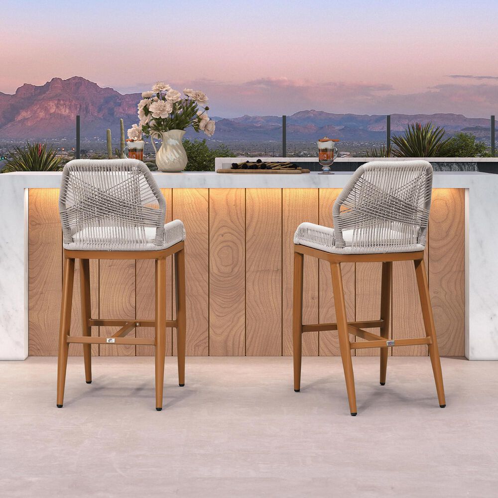 HOMLUX Outdoor Bar Stool with Teak Frame in Grey and Beige (Set of 2), , large