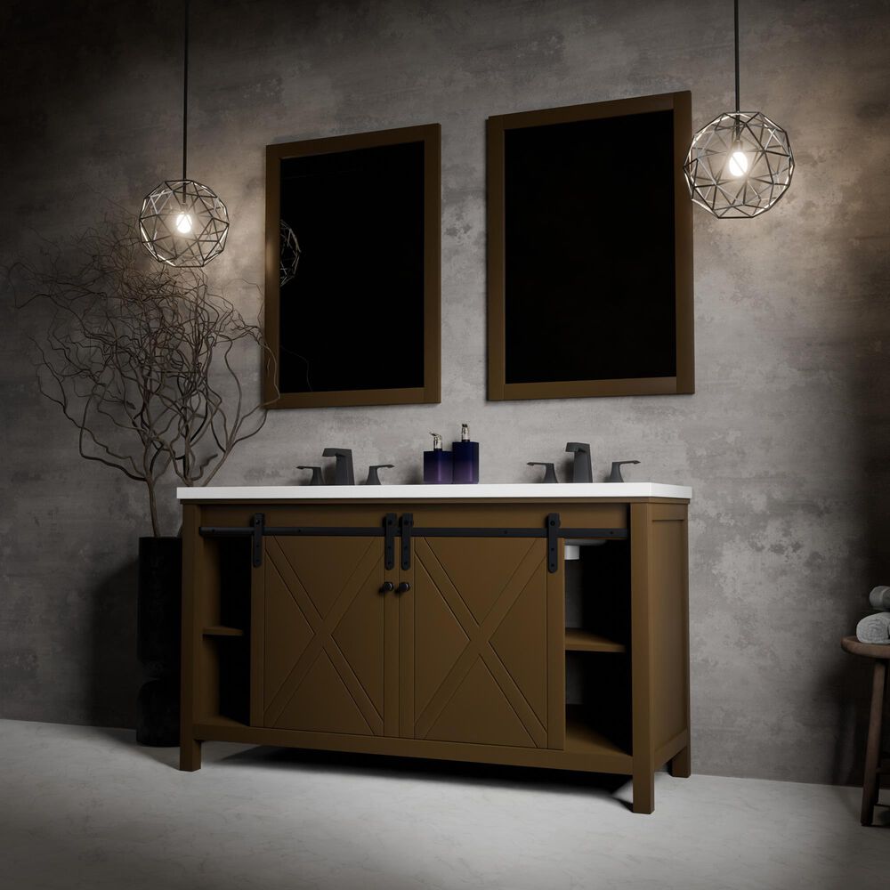 Lexora Home Marsyas 60" Double Bathroom Vanity in Brown with 2 cm White Cultured Marble Top and Rectangular Sinks, , large