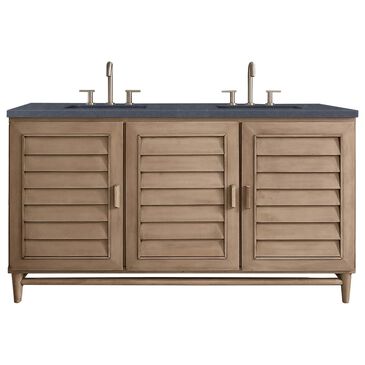 James Martin Vanities Portland 60" Double Bathroom Vanity in Whitewashed Walnut with 3 cm Charcoal Soapstone Quartz Top and Rectangular Sinks, , large