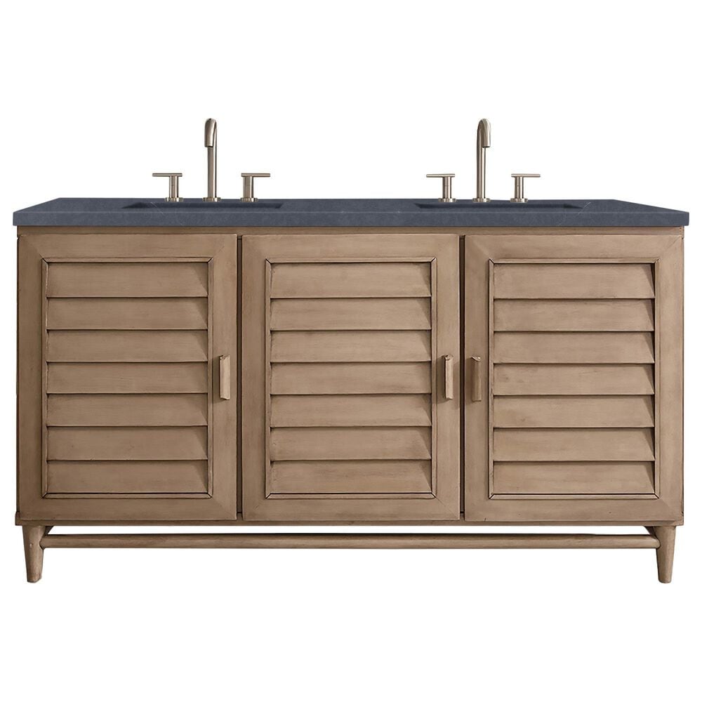 James Martin Vanities Portland 60" Double Bathroom Vanity in Whitewashed Walnut with 3 cm Charcoal Soapstone Quartz Top and Rectangular Sinks, , large