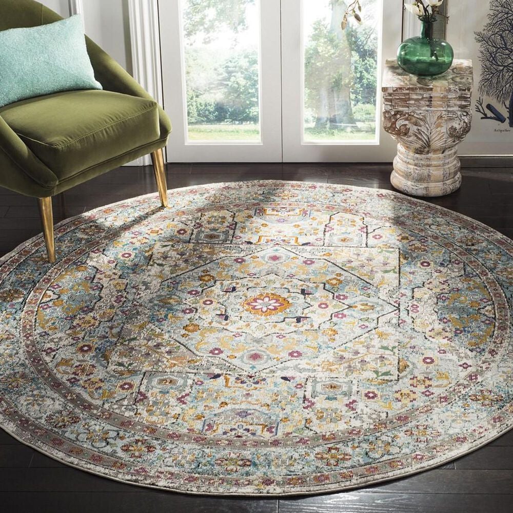 Safavieh Aria ARA199C 6&#39;6&quot; Round Cream and Blue Area Rug, , large
