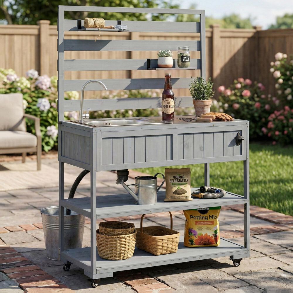 HOMLUX 41.7'' Outdoor Rolling Kitchen Island in Gray, , large