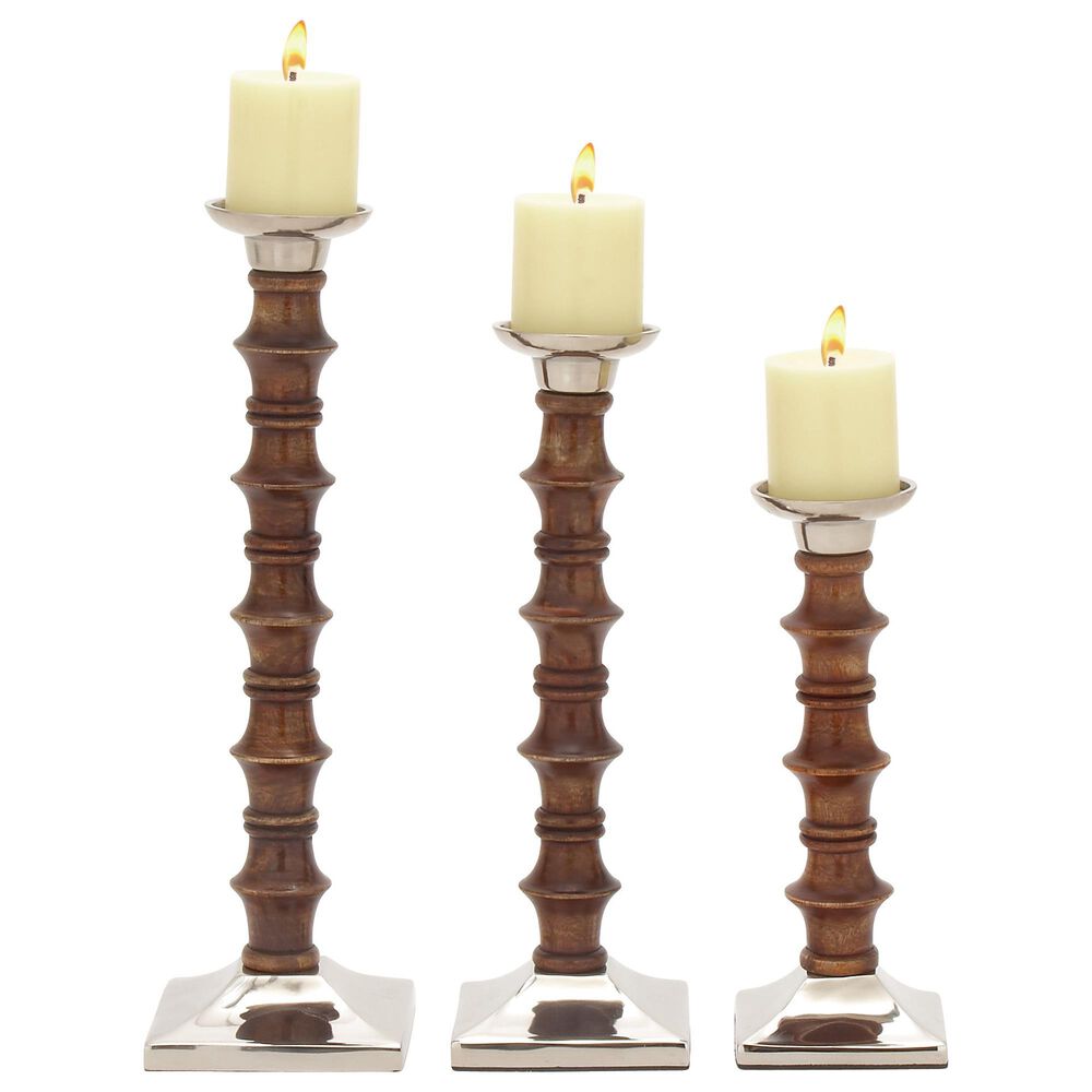 Maple and Jade Mango Wood Candle Holder in Brown and Silver &#40;Set of 3&#41;, , large