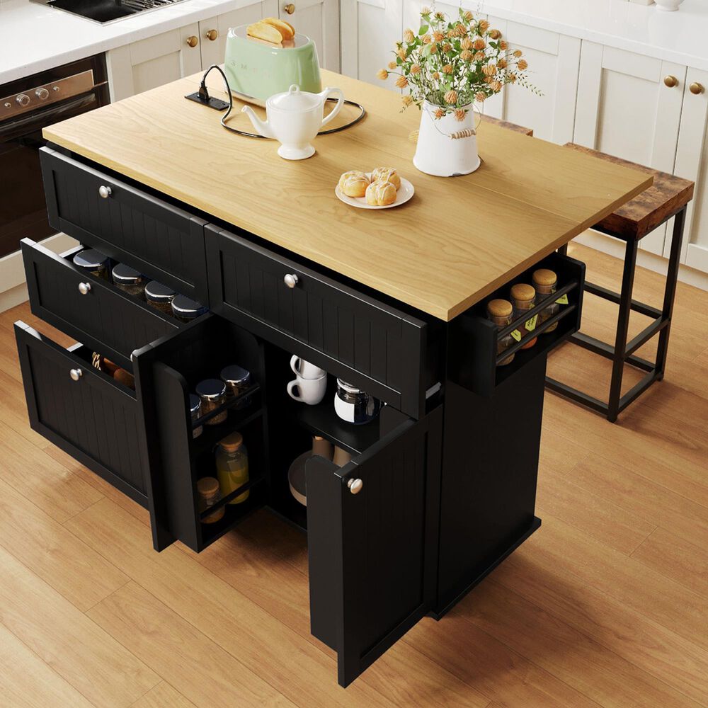 HOMLUX Farmhouse Kitchen Island with Drop Leaf and 2 Stools in Black, Natural and Rustic Brown, , large