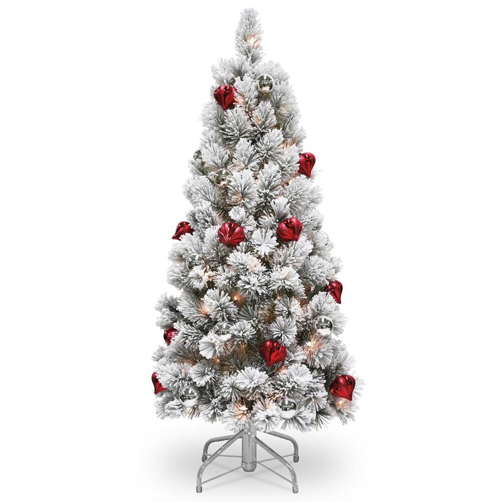 National Tree 4.5" Snowy Bristle Pine Tree with Ornaments & 150 White Lights, , large