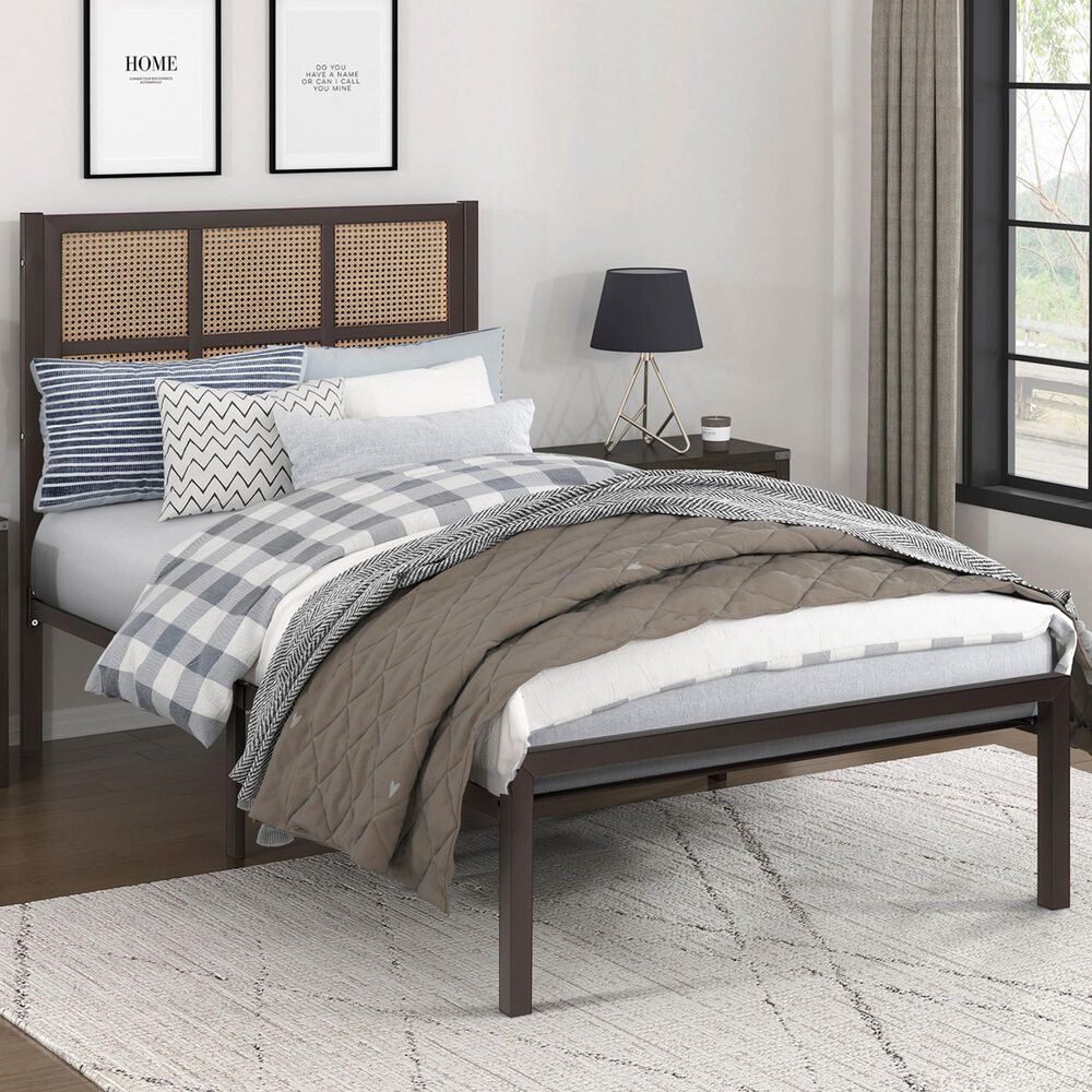 Hearth and Haven Twin Platform Bed with Faux Cane Panel Headboard in Dark Bronze, , large