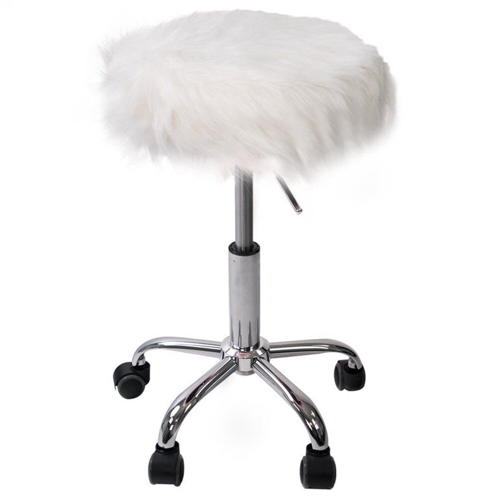 Impressions Vanity Momo Faux Fur Vanity Stool with White Cushion in Stainless Steel, , large