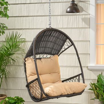 Noble House Cavendish Patio Hanging Chair with Tan Cushion in Brown, , large